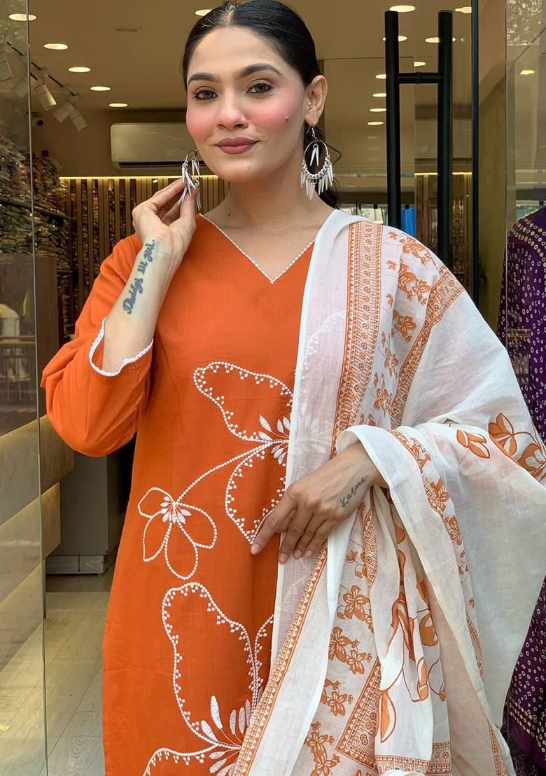 Orange Embroidery Viscose Kurti Set - Indya