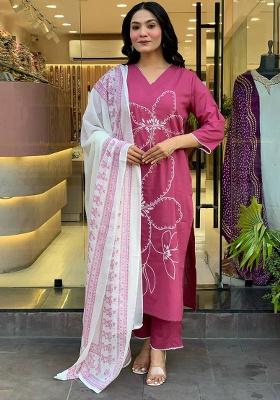 Pink Embroidery Viscose Kurti Set
