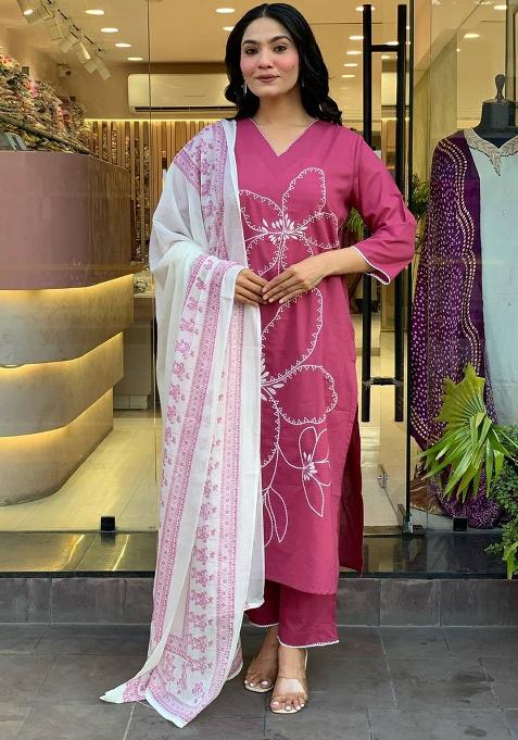 Pink Embroidery Viscose Kurti Set