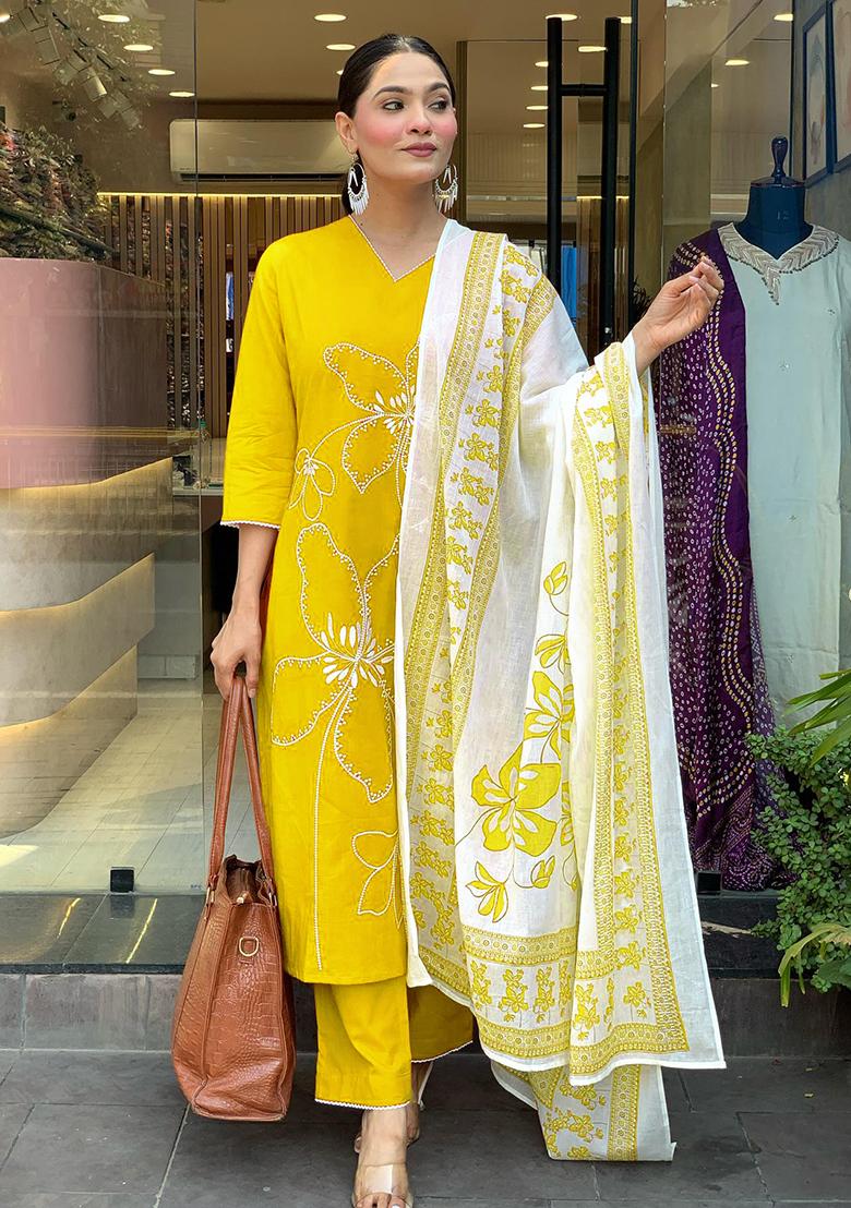 Yellow Embroidery Viscose Kurti Set - Indya