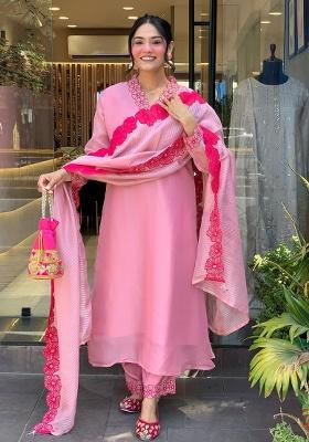 Pink Embroidery Viscose Kurti Set