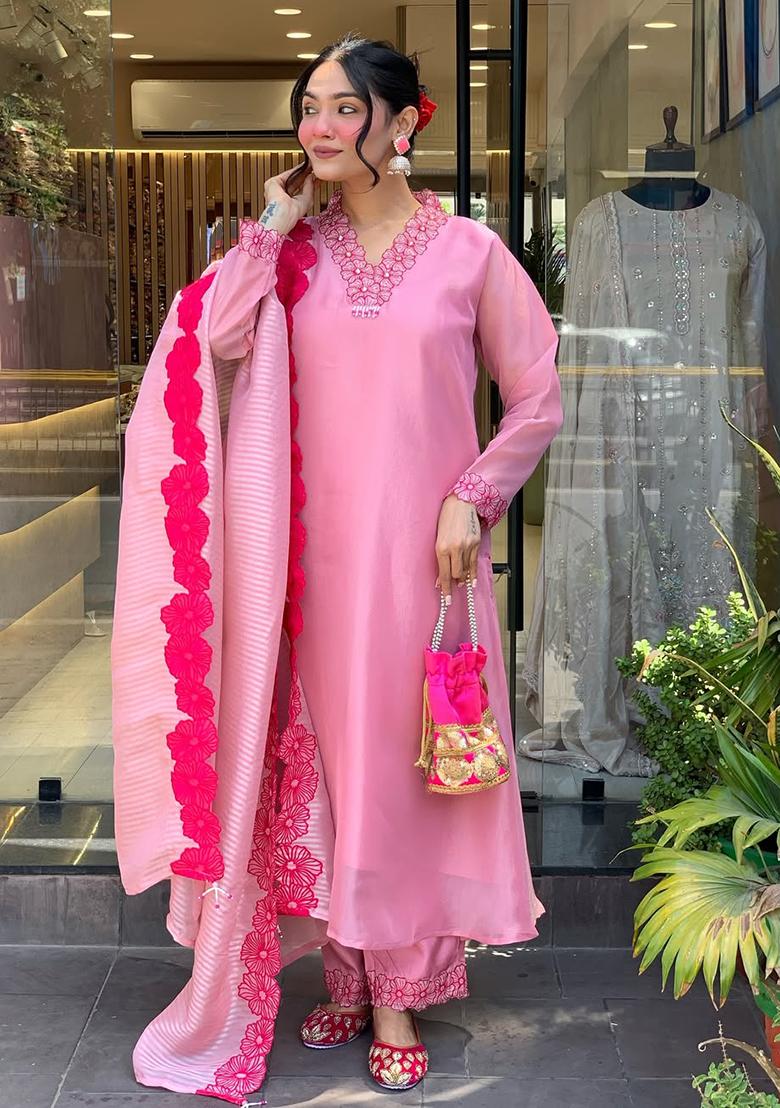 Pink Embroidery Viscose Kurti Set - Indya