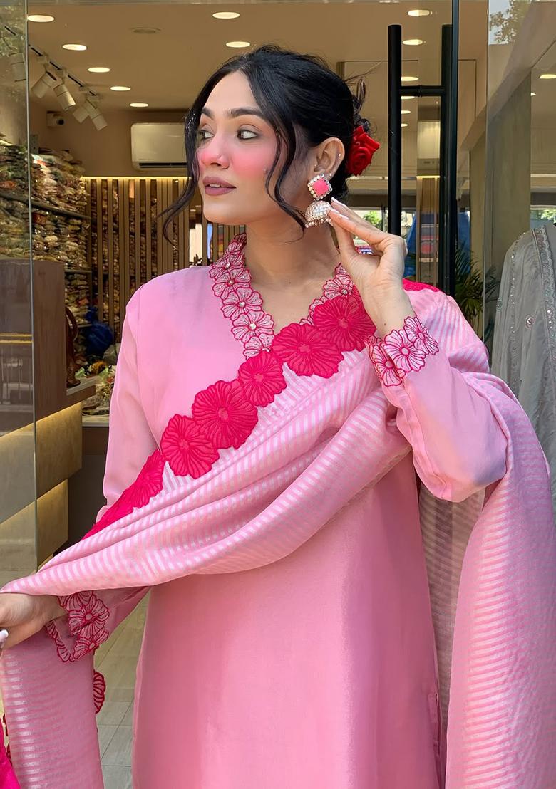 Pink Embroidery Viscose Kurti Set - Indya