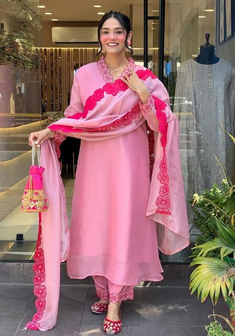 Pink Embroidery Viscose Kurti Set
