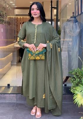 Mahendi Green Embroidery Silk Kurti Set