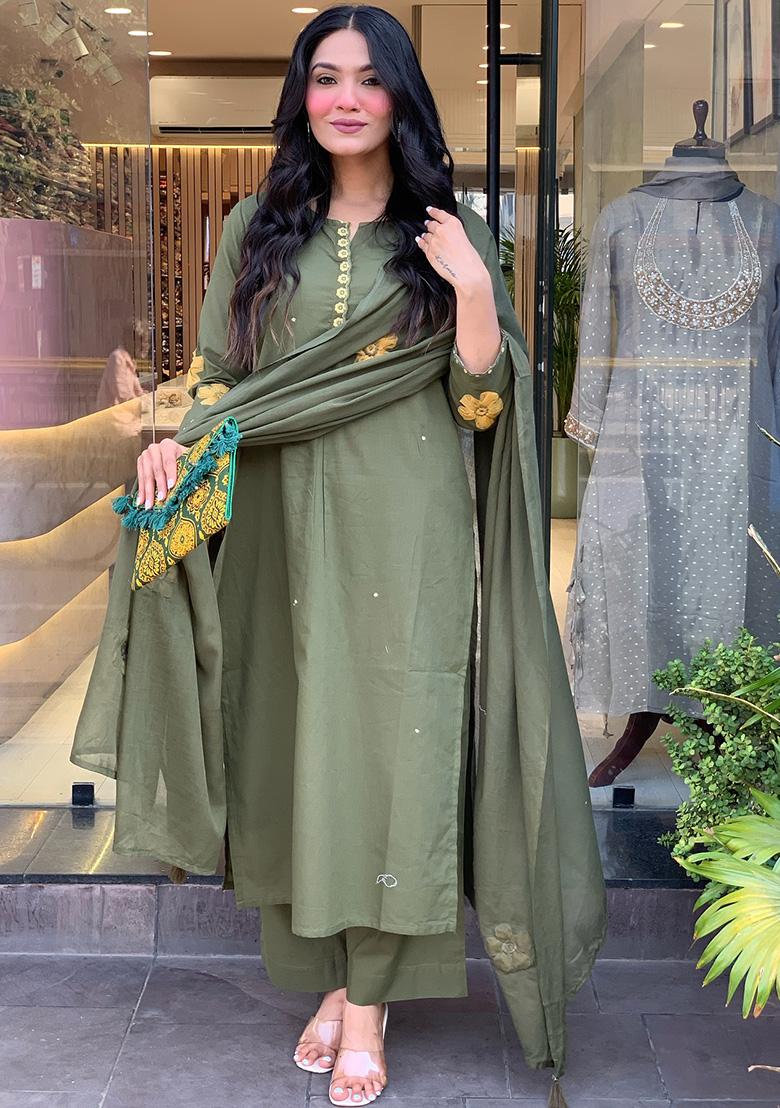 Mahendi Green Embroidery Silk Kurti Set - Indya