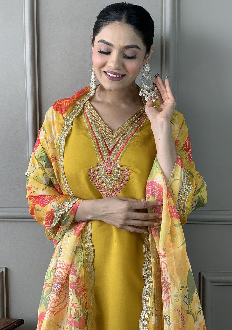 Yellow Embroidery Chanderi Kurti Set - Indya