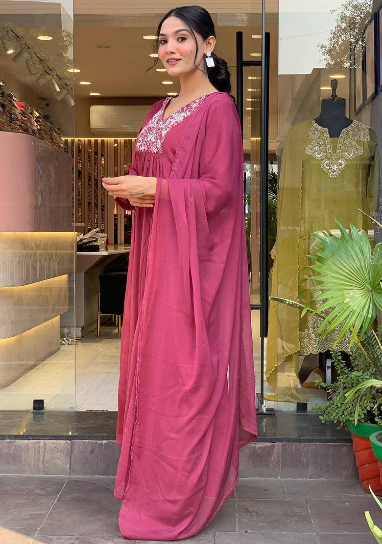 Rose Pink Embroidery Viscose Kurti Set - Indya