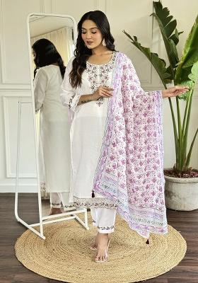 White Embroidery Viscose Kurti Set