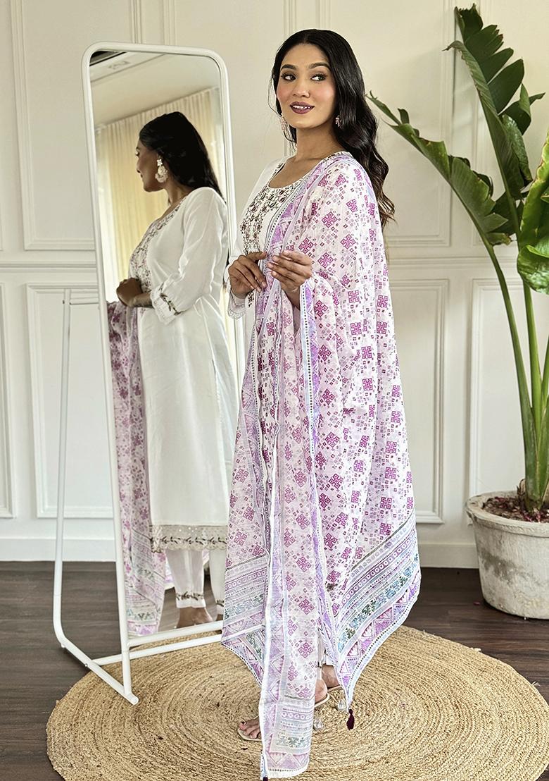 White Embroidery Viscose Kurti Set - Indya