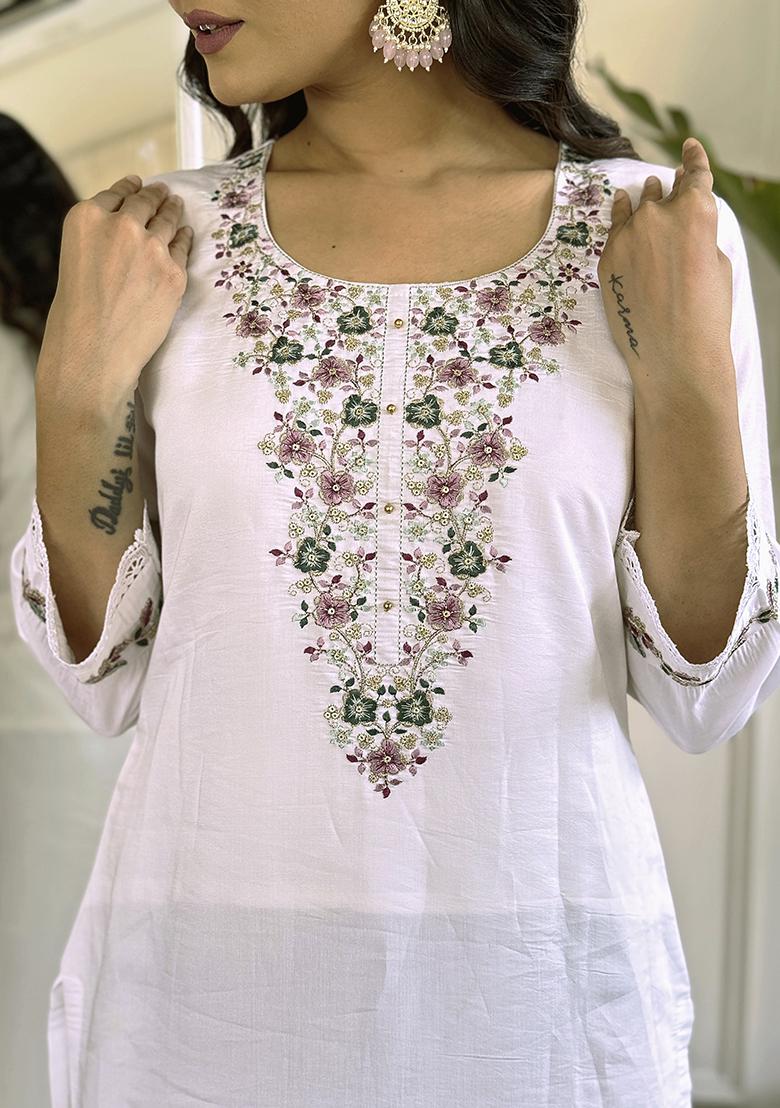 White Embroidery Viscose Kurti Set - Indya