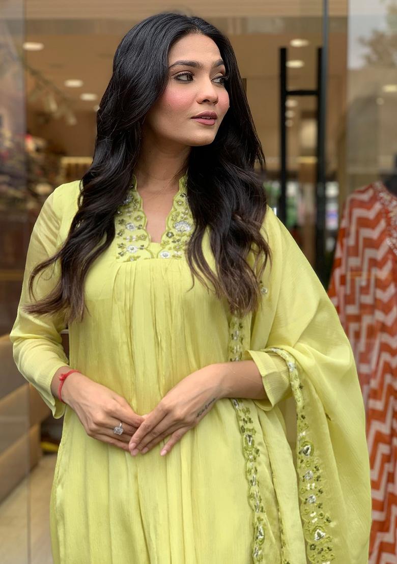 Yellow Embroidery Viscose Kurti Set - Indya