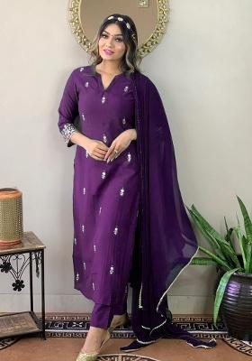 Wine Embroidery Rayon Kurti Set