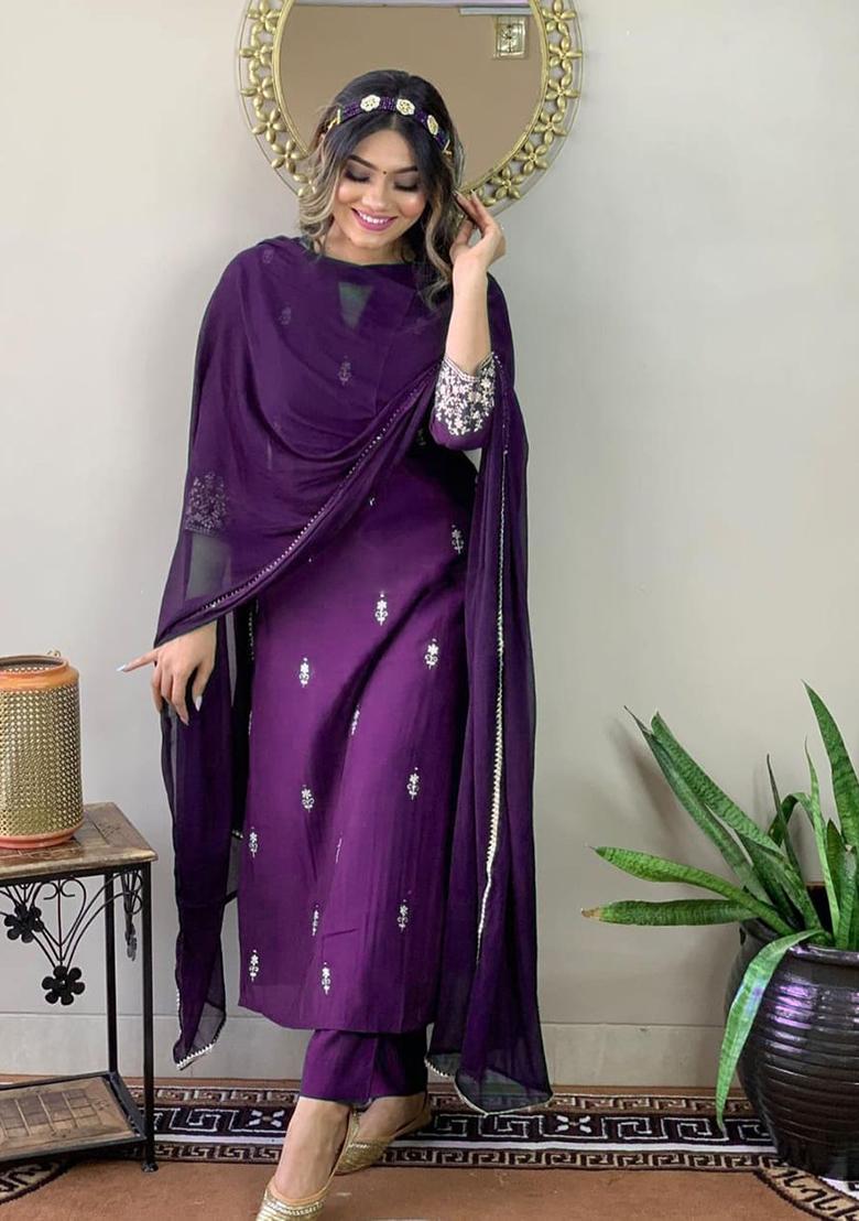 Wine Embroidery Rayon Kurti Set - Indya