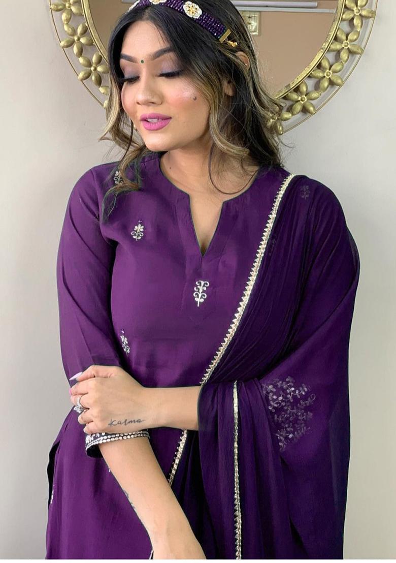 Wine Embroidery Rayon Kurti Set - Indya