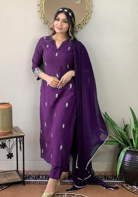 Wine Embroidery Rayon Kurti Set