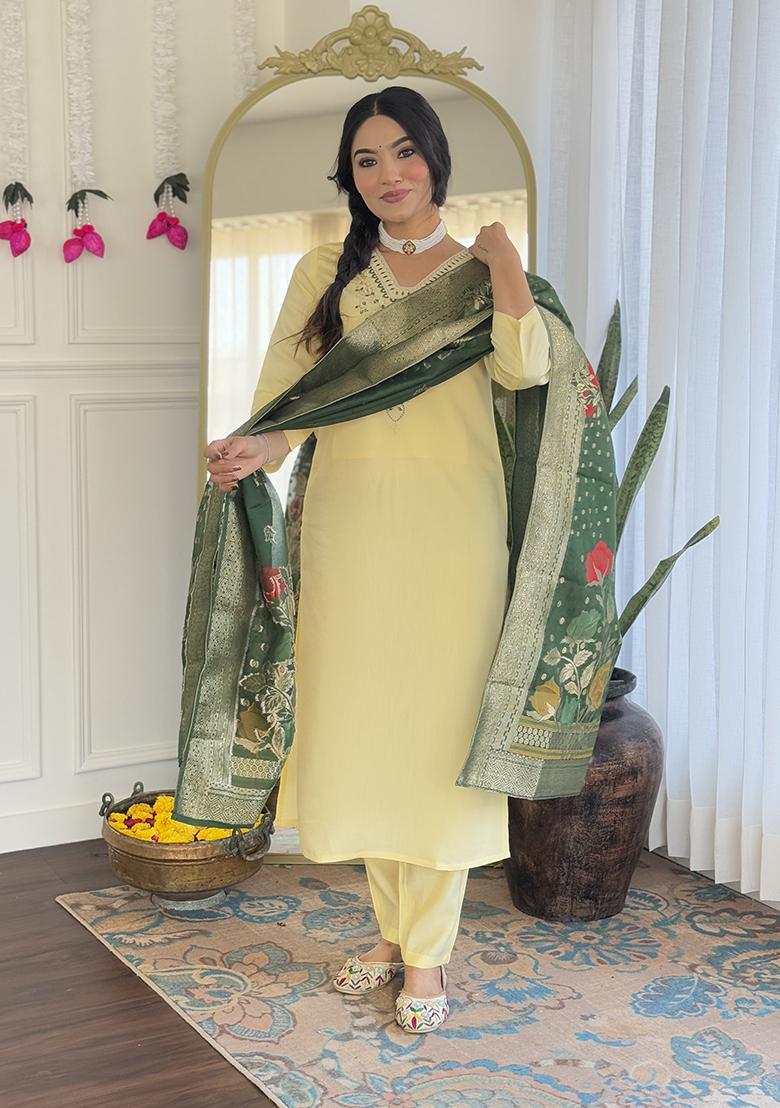Lemon Embroidery Viscose Kurti Set - Indya