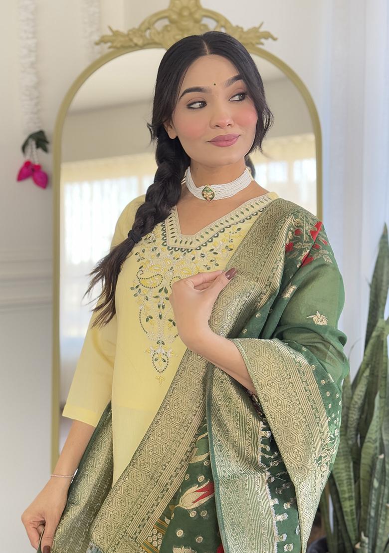 Lemon Embroidery Viscose Kurti Set - Indya