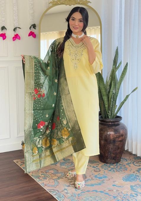 Lemon Embroidery Viscose Kurti Set