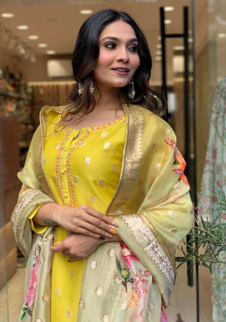 Yellow Embroidery Viscose Kurti Set - Indya