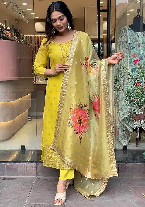 Yellow Embroidery Viscose Kurti Set
