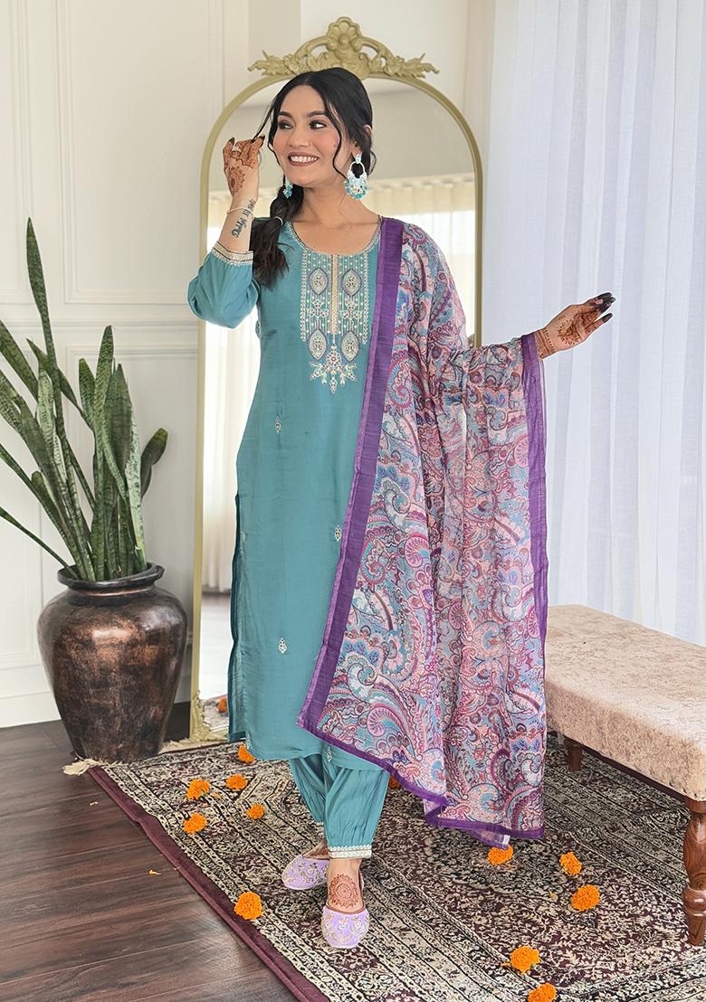 Teal Embroidery Viscose Kurti Set - Indya