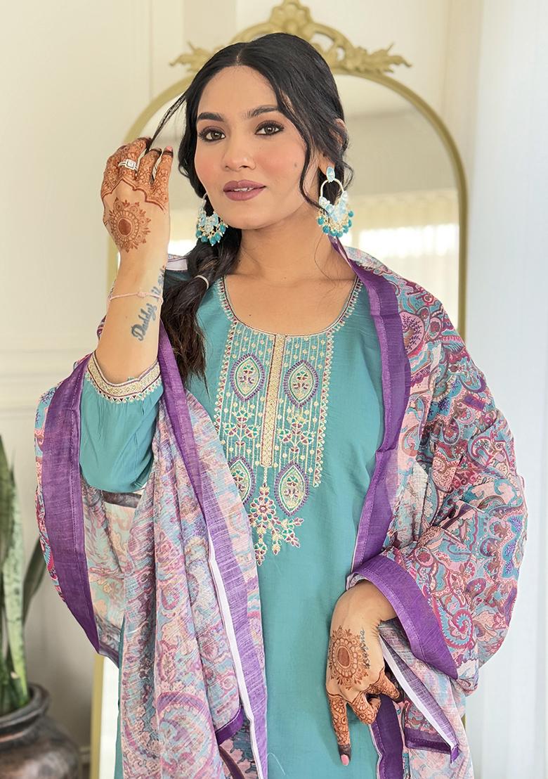 Teal Embroidery Viscose Kurti Set - Indya