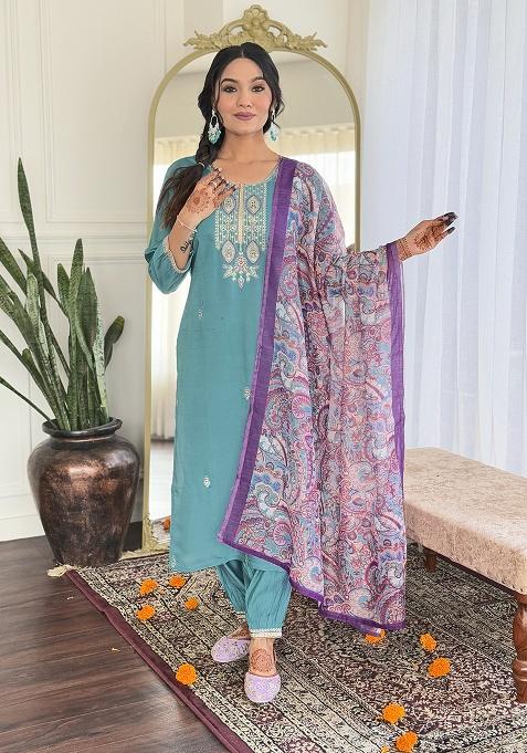 Teal Embroidery Viscose Kurti Set
