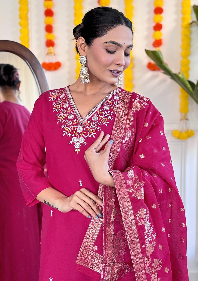 Rani Pink Embroidery Viscose Kurti Set - Indya