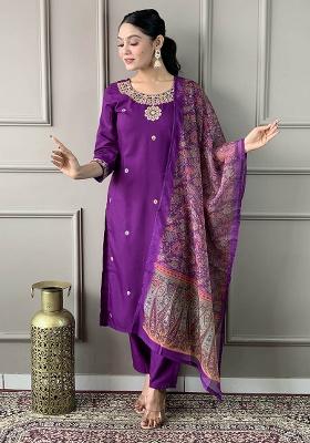 Wine Embroidery Rayon Kurti Set