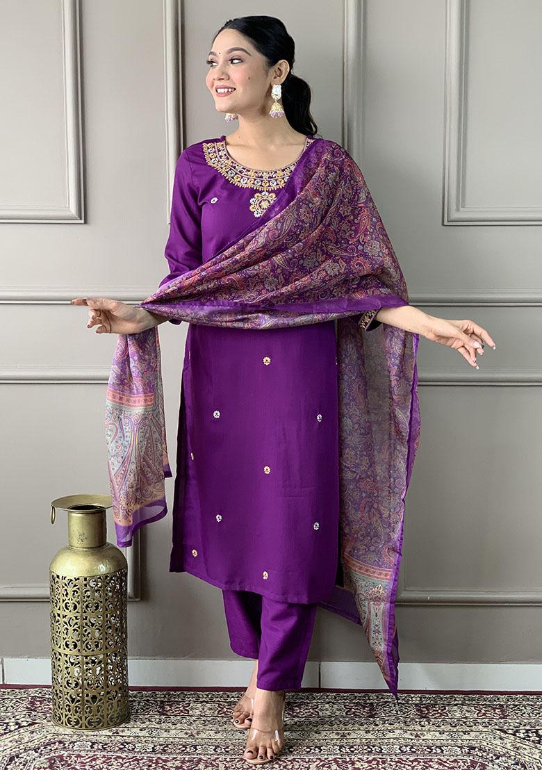 Wine Embroidery Rayon Kurti Set - Indya