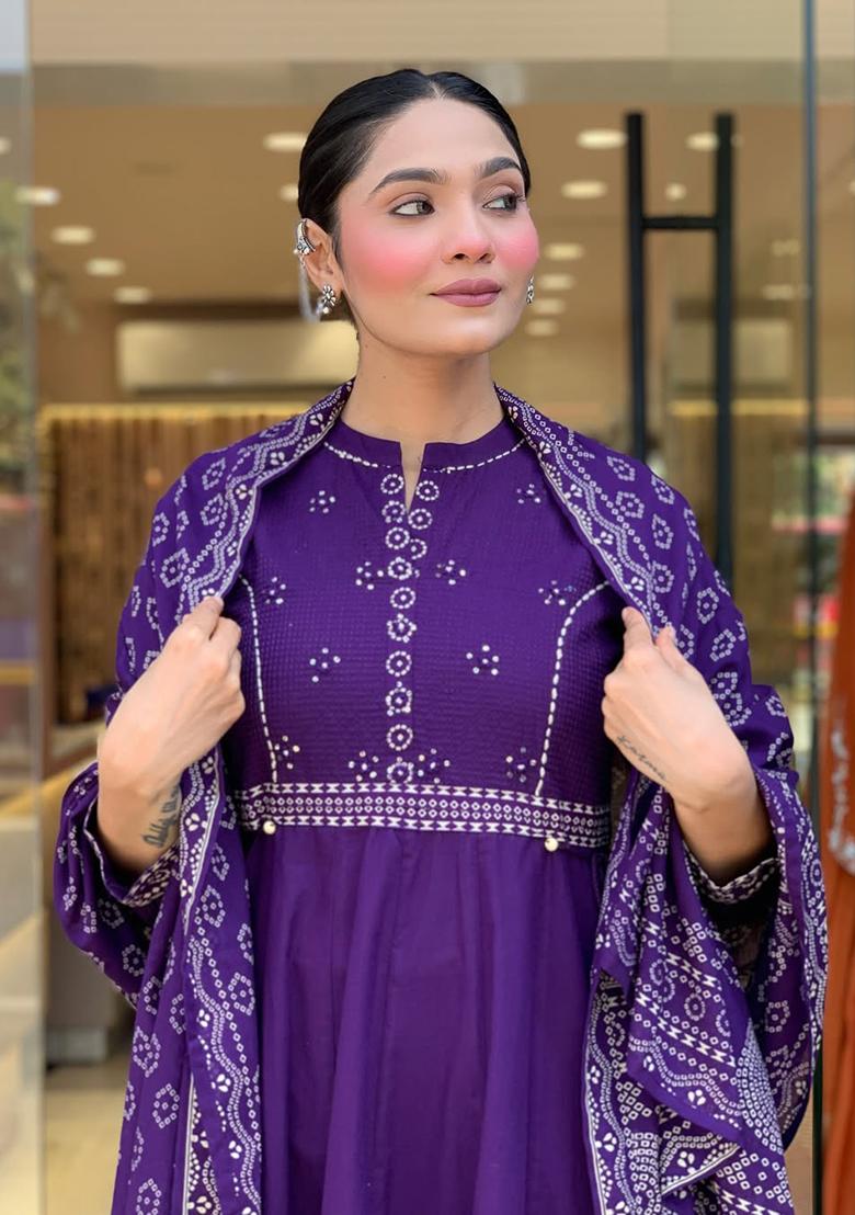 Purple Embroidery Cotton Kurti Set - Indya