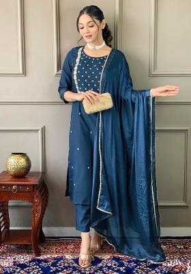 Teal Embroidery Rayon Kurti Set