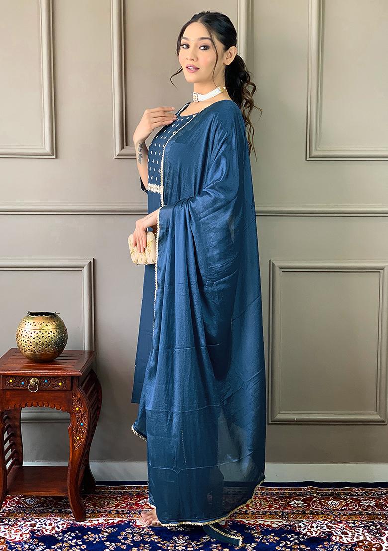 Teal Embroidery Rayon Kurti Set - Indya