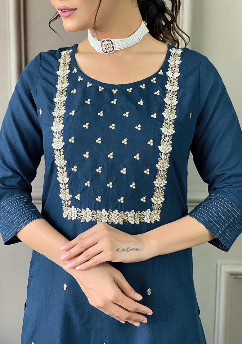 Teal Embroidery Rayon Kurti Set - Indya