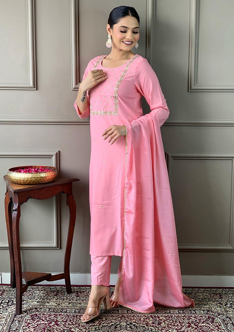 Pink Embroidery Rayon Kurti Set - Indya
