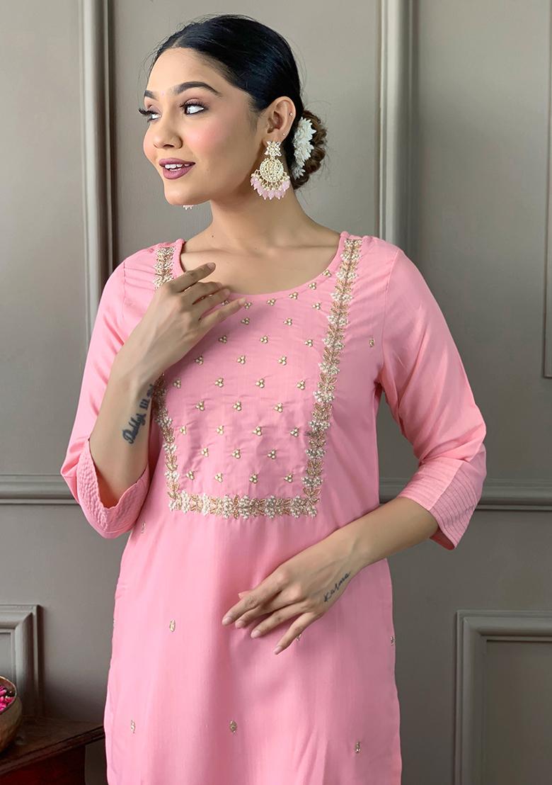 Pink Embroidery Rayon Kurti Set - Indya