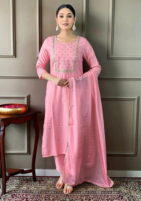 Pink Embroidery Rayon Kurti Set