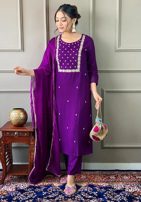 Violet Embroidery Rayon Kurti Set