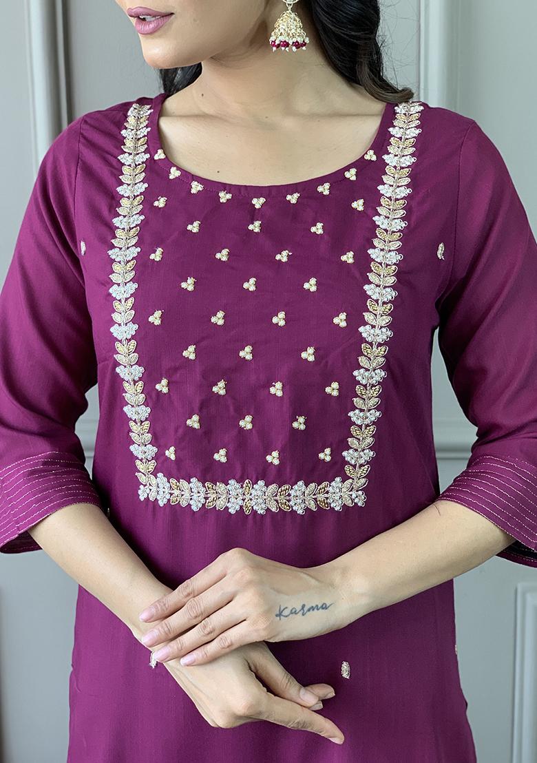 Wine Embroidery Rayon Kurti Set - Indya