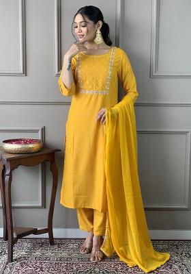 Yellow Embroidery Rayon Kurti Set