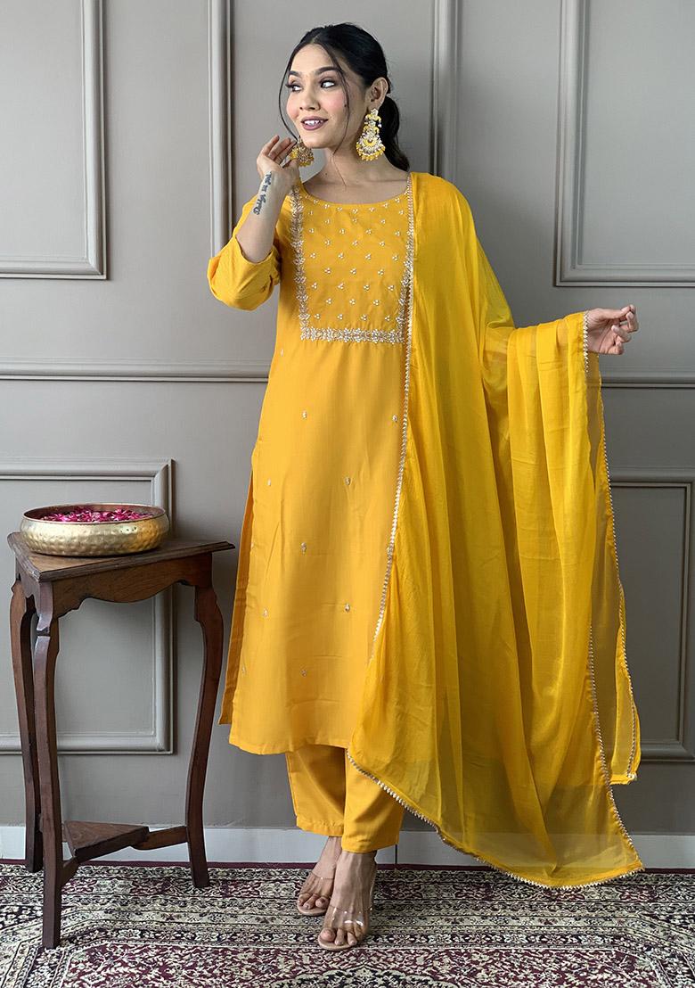 Yellow Embroidery Rayon Kurti Set - Indya