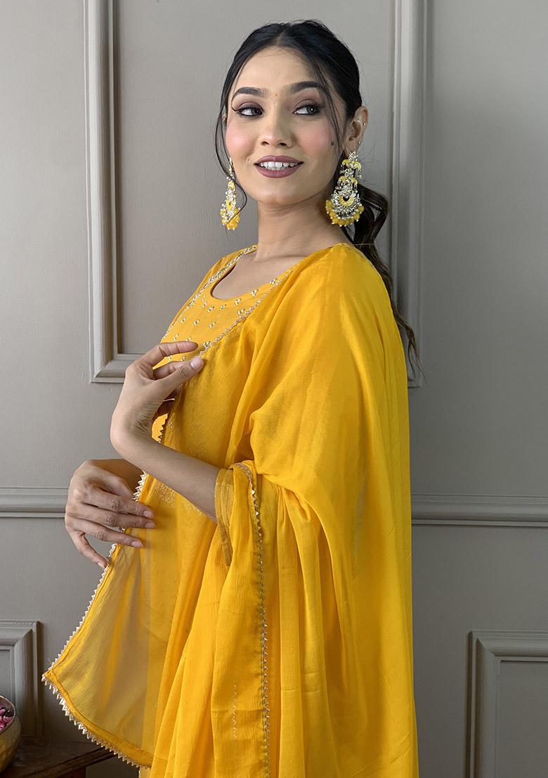 Yellow Embroidery Rayon Kurti Set - Indya
