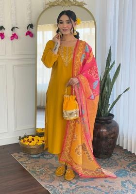 Yellow Embroidery Silk Kurti Set