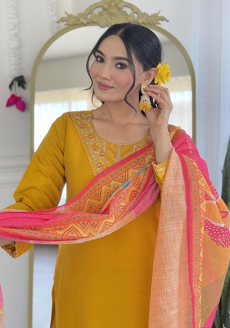 Yellow Embroidery Silk Kurti Set - Indya