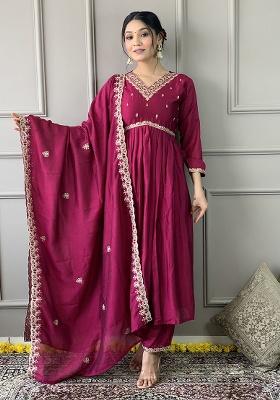 Wine Embroidery Vichitra Kurti Set
