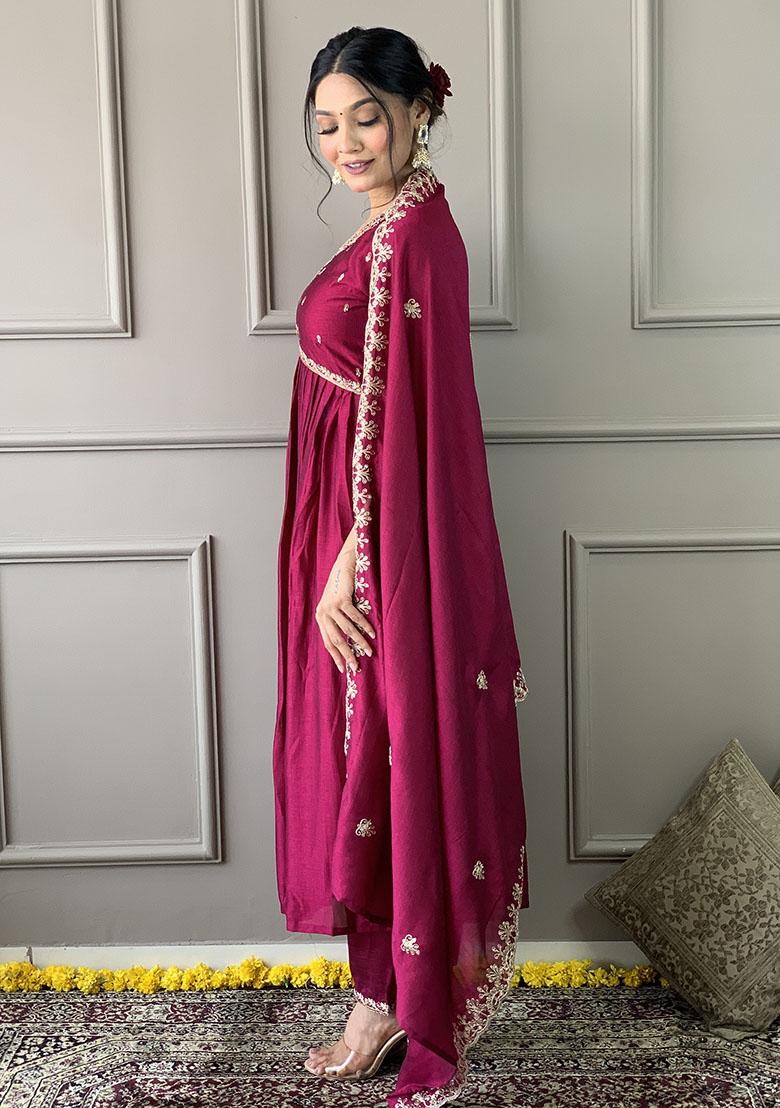 Wine Embroidery Vichitra Kurti Set - Indya