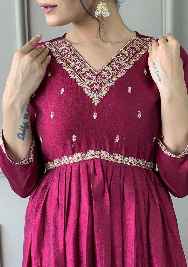 Wine Embroidery Vichitra Kurti Set - Indya