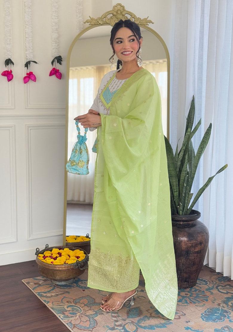 White Embroidery Viscose Kurti Set - Indya