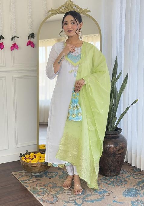 White Embroidery Viscose Kurti Set